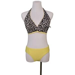 24th & Ocean Black Yellow Ruffle Moderate Coverage Bikini Swimsuit‎ MEDIUM Beach